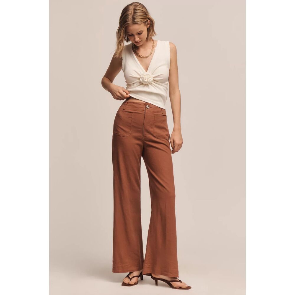 Maeve The Colette High-Rise Wide-Leg Cropped Everyday Linen Blend Cognac Pants